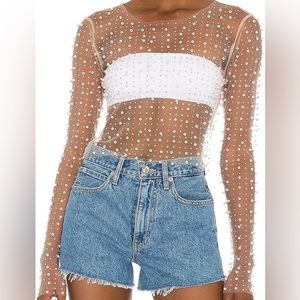 NEW Women’s Boutique Beaded Pearl Crop Long Sleeve Shirt